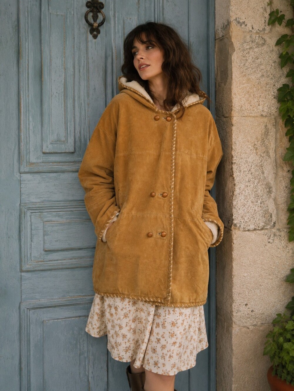 Vintage ANNEX Hooded Leather Shearling Coat in Camel